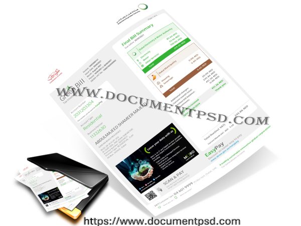 DEWA Green Bill (Tax Invoice) Dubai Electricity & Water Authority. UAE