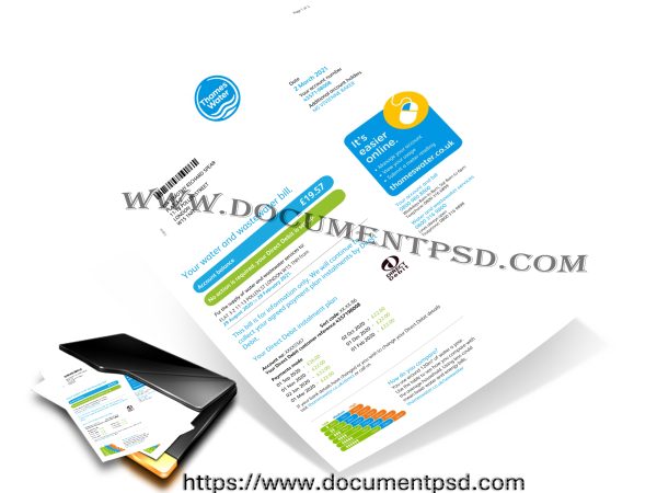Thames Water Water and Wastewater Bill. United Kingdom. PSD Template