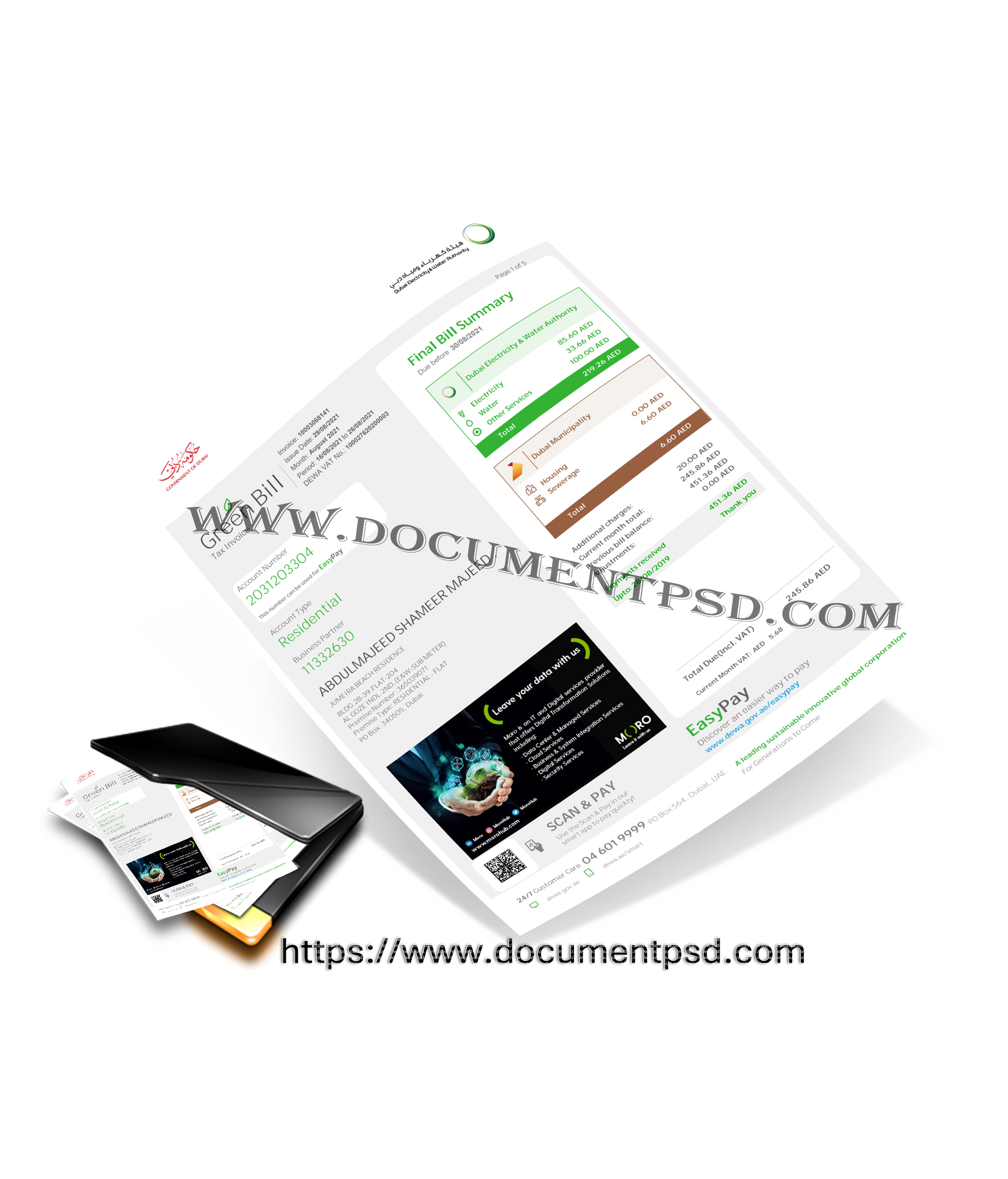 DEWA Green Bill (Tax Invoice) Dubai Electricity & Water Authority. UAE