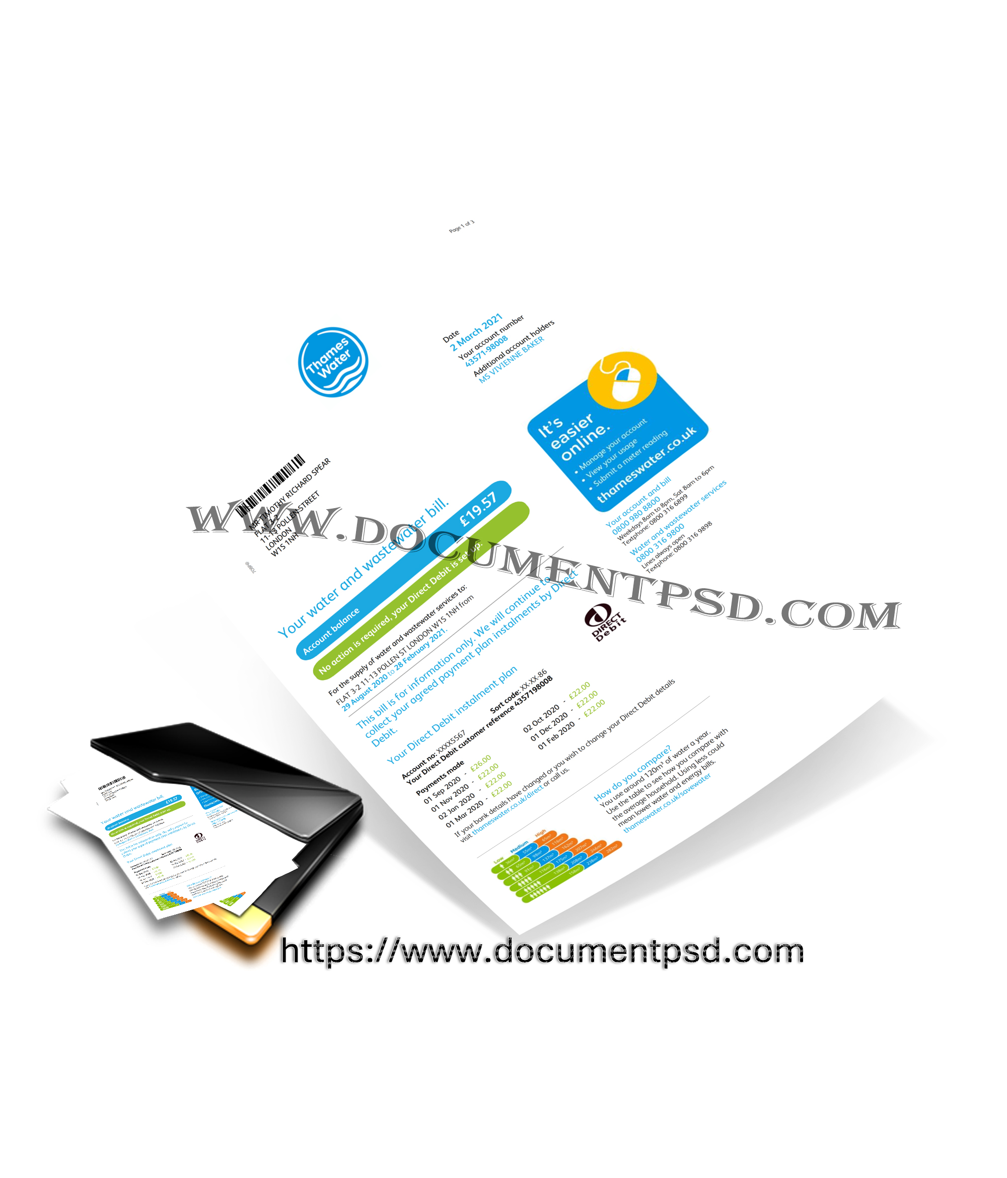 Thames Water Water and Wastewater Bill. United Kingdom. PSD Template