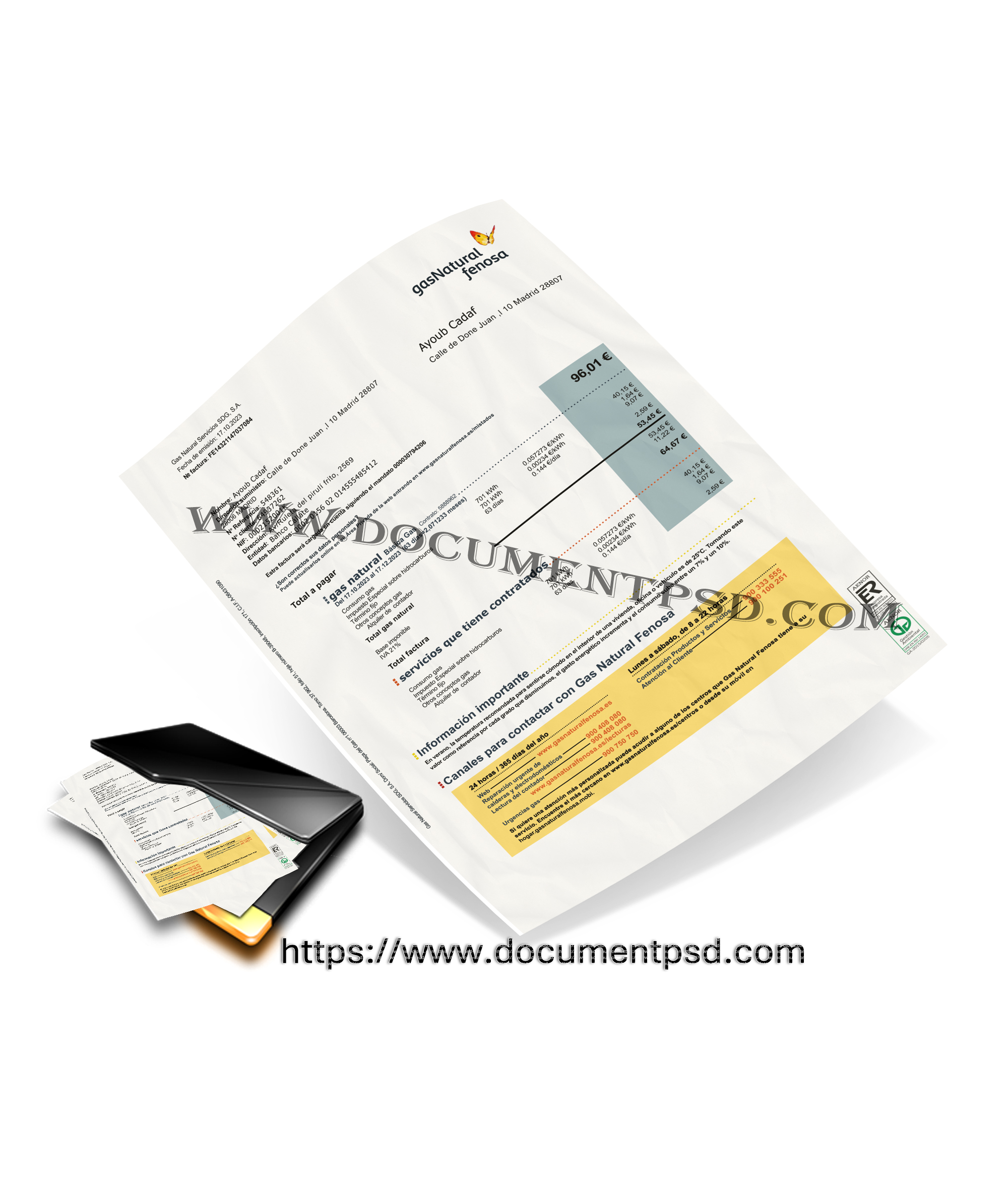 Gas Natural Fenosa Factura (Gas Natural Invoice). PSD Template