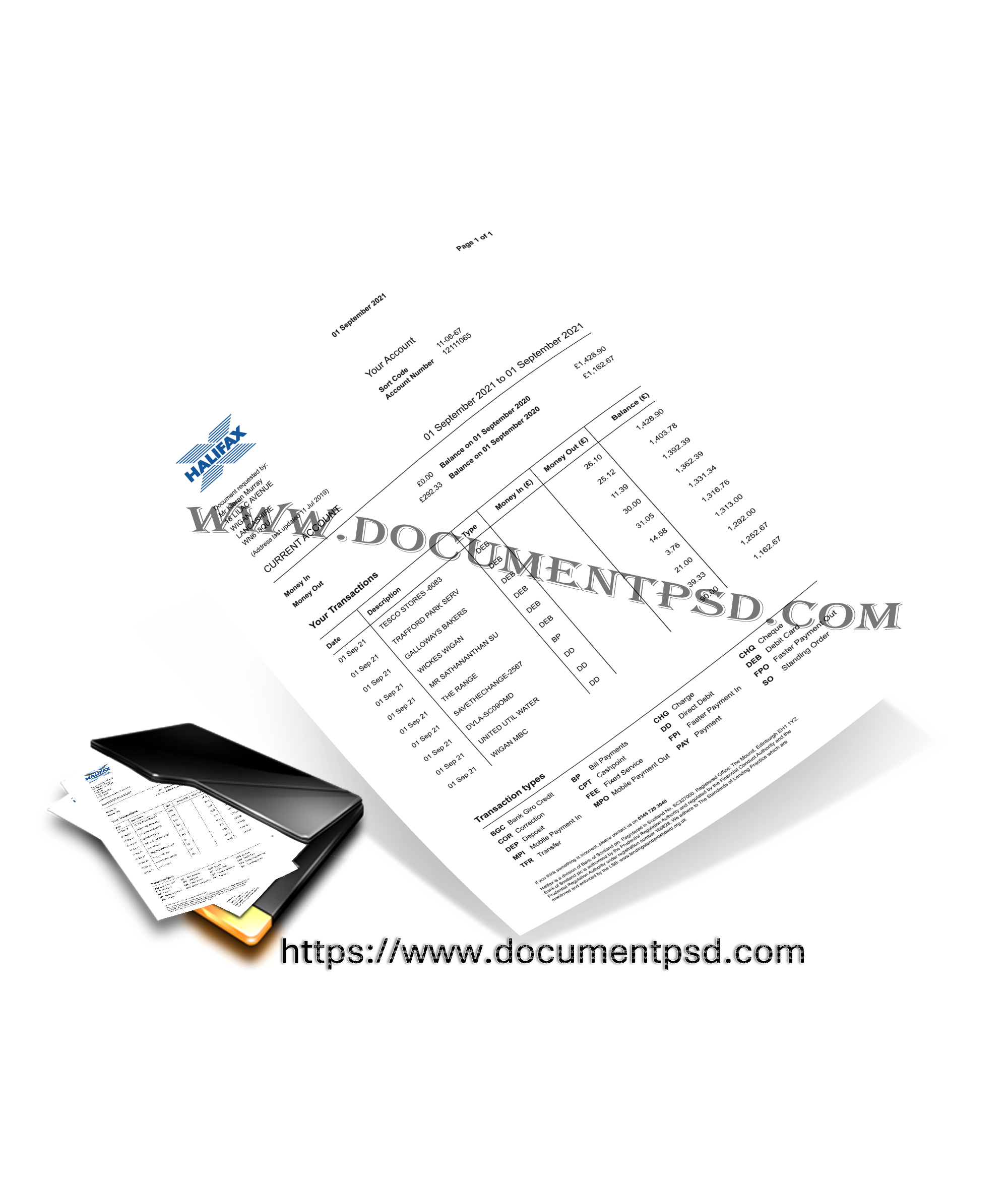 Halifax bank account statement UK PSD Template