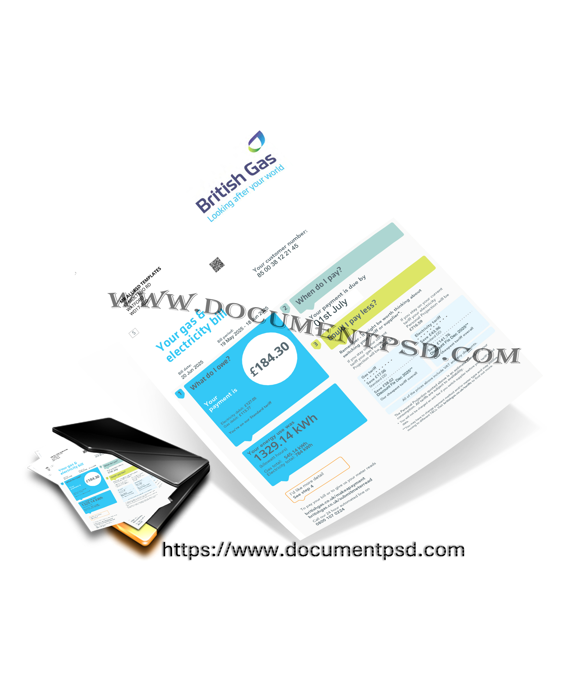 British Gas Gas & Electricity Bill. United Kingdom PSD Template