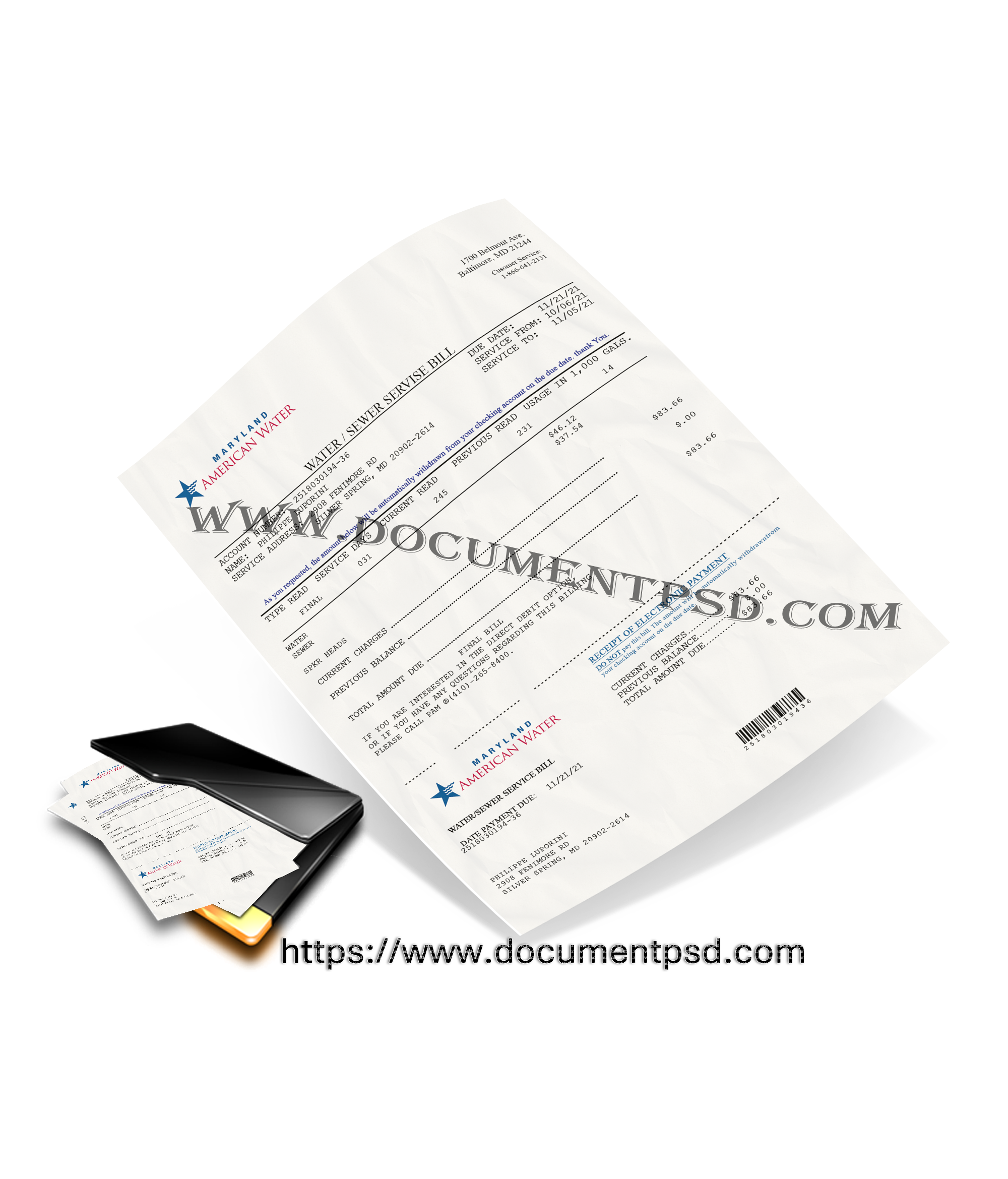 Maryland American Water Water/Sewer Service Bill. PSD Template