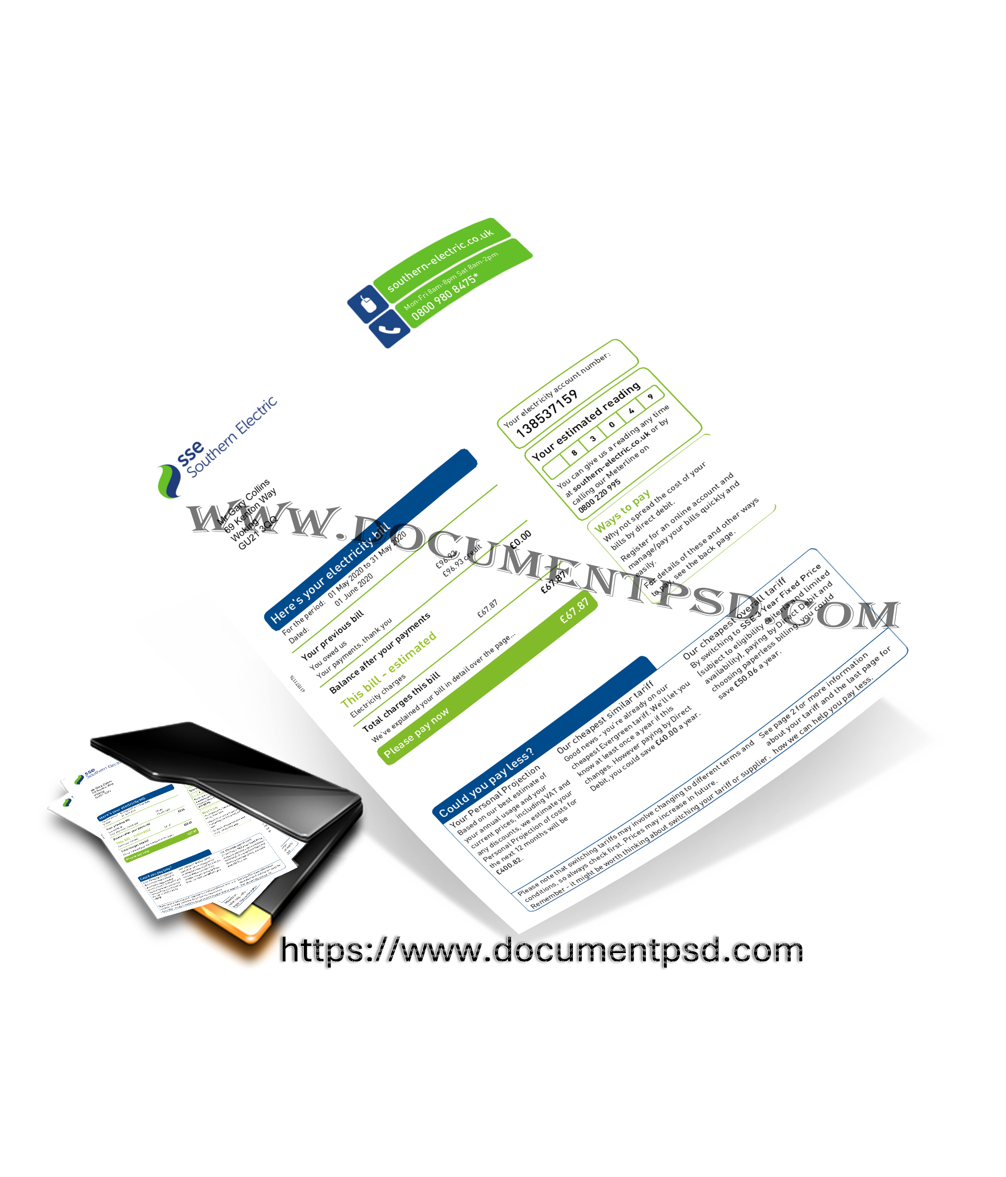 SSE Southern Electric Electricity Bill.United Kingdom. PSD Template