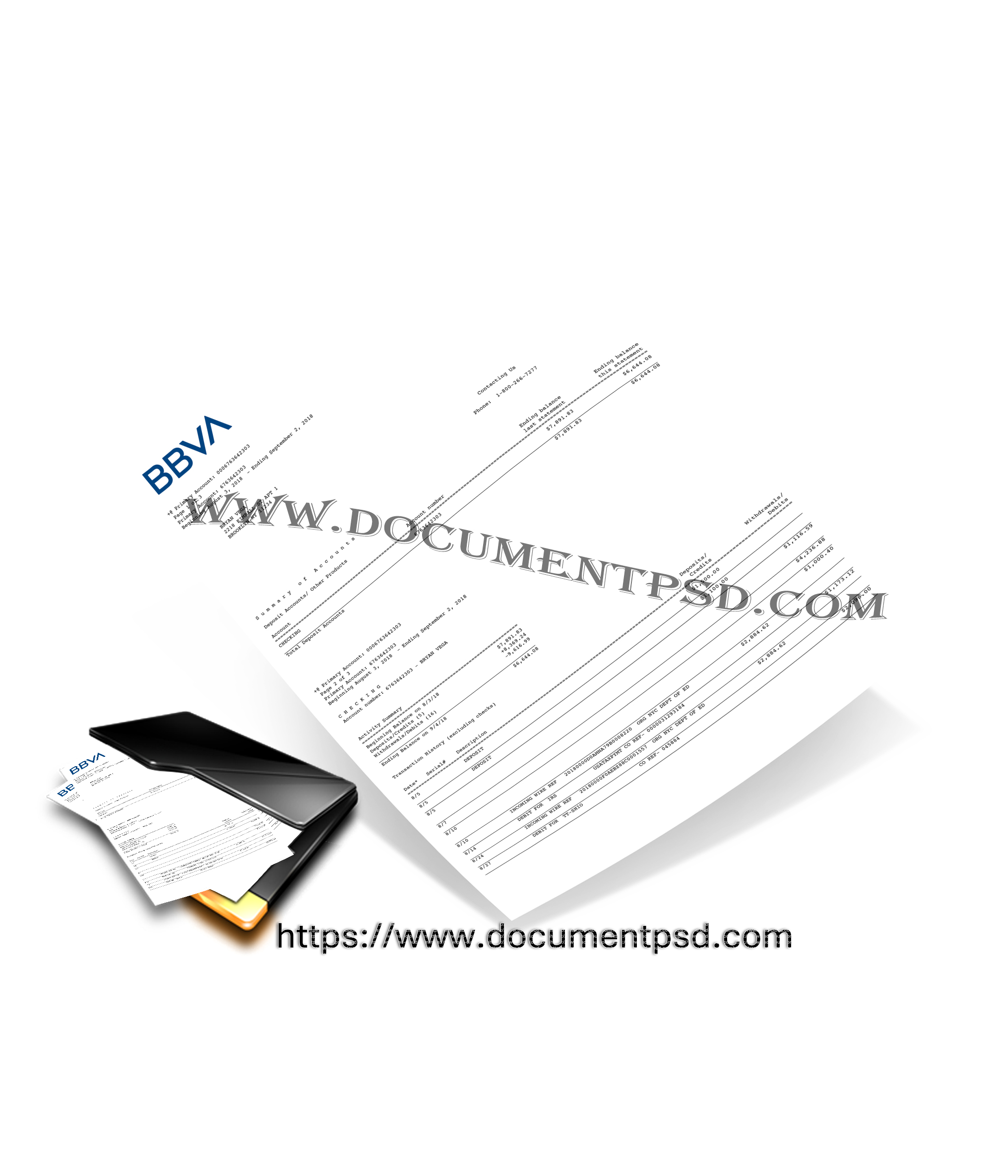 BBVA USA Bank account statement (Checking) PSD Template